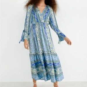 Zara Patchwork Blue Patterned Maxi Dress XS long sleeve